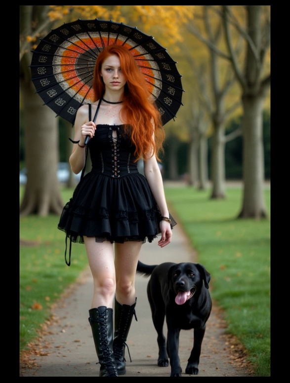 Beautiful redhead Celeste walking her dog Bruno