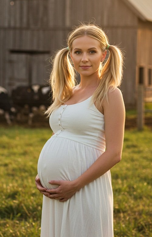 pregnant AI girlfriend Cathy outside in a farm setting