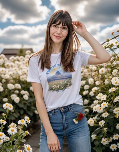 AI girl Stephie standing in a field of flowers