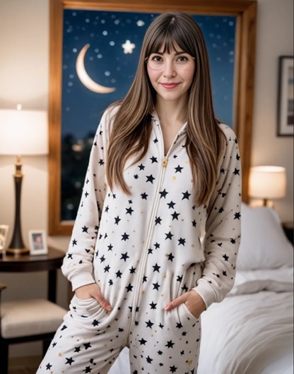 AI girl Stephie wearing pajamas in bed